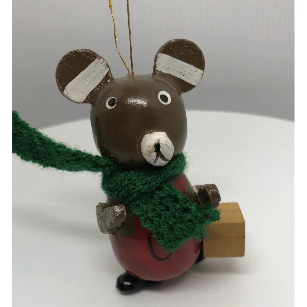 Vintage Wooden Hand Painted Bear Ornament Green Knitted Scarf 2.5